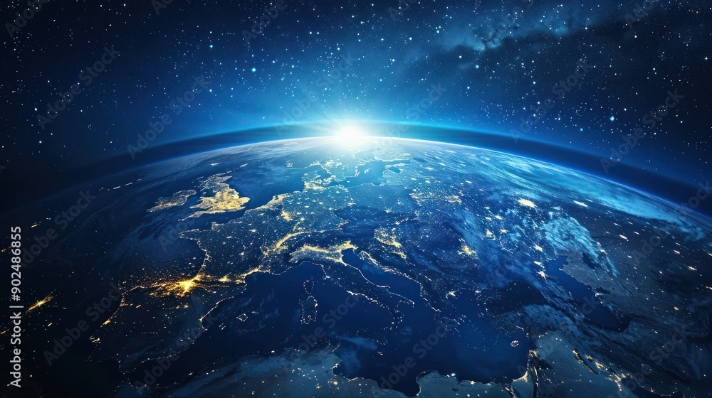 Earth at Night with Europe Visible from Space with Stars Earth at Night with Europe Visible from Space with Stars