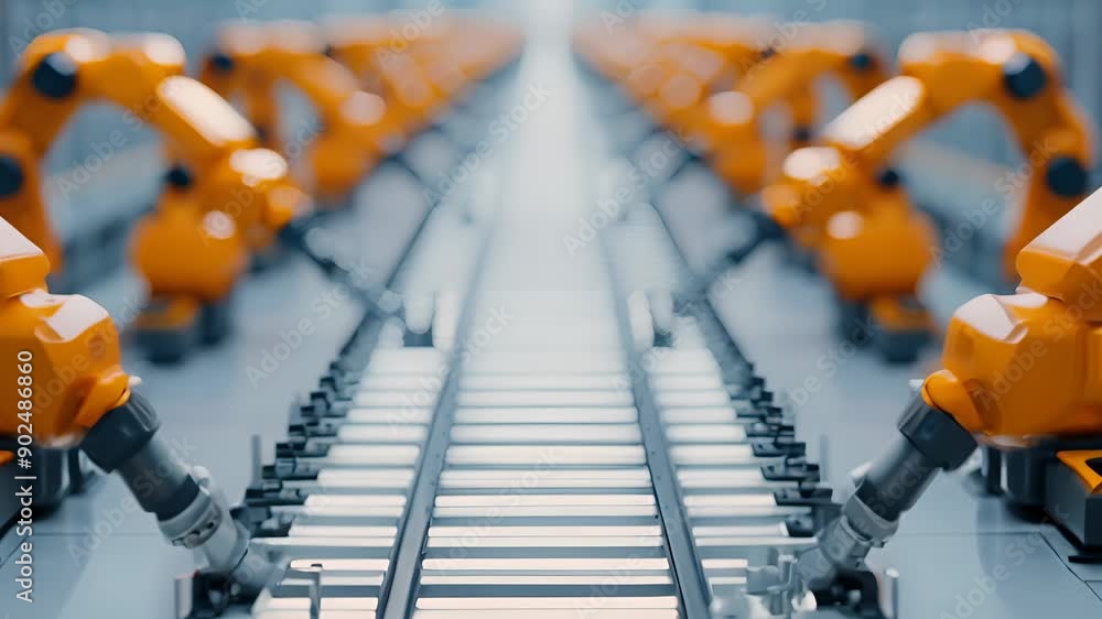 Rows of yellow robotic arms working on an automated assembly line in a ...