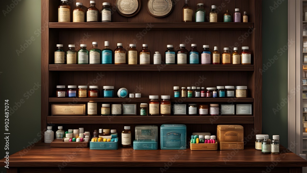 A medicine cabinet with many bottles and jars of various sizes and colors A medicine cabinet with many bottles and jars of various sizes and colors