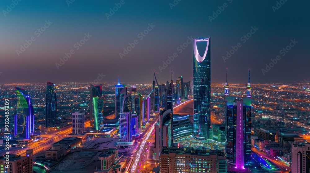 Fototapeta premium Nighttime Aerial View of Riyadh Skyline with Illuminated Skyscrapers