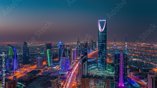 Nighttime Aerial View of Riyadh Skyline with Illuminated Skyscrapers