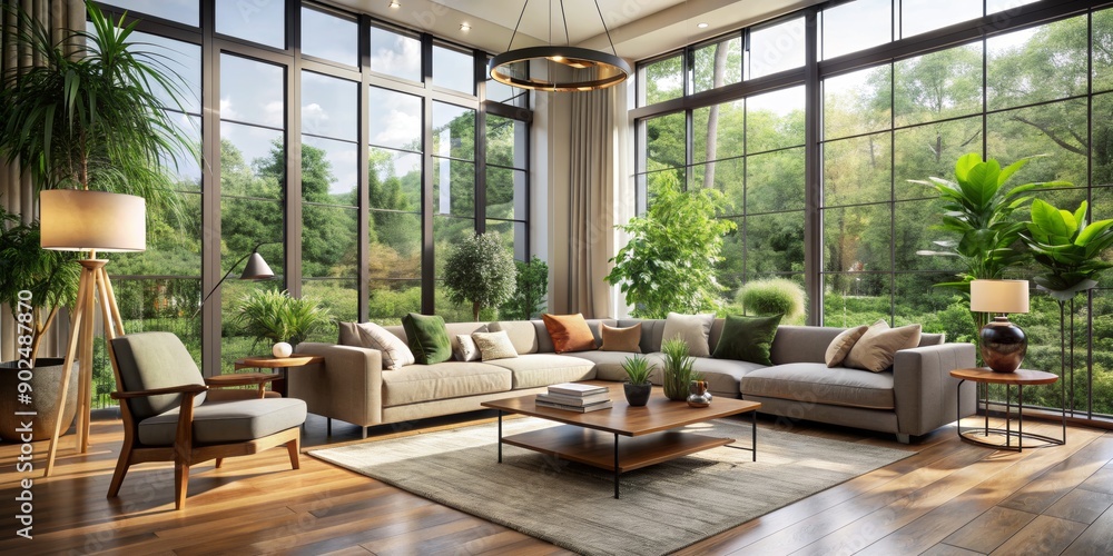 Modern Living Room Interior with Panoramic Garden View, Natural Light, Cozy Furnishings, and Indoor Plants Modern Living Room Interior with Panoramic Garden View, Natural Light, Cozy Furnishings, and Indoor Plants
