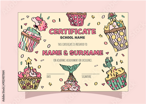 kid's certificate template with colorful party cupcakes for preschool, kindergarten, and middle school graduation.