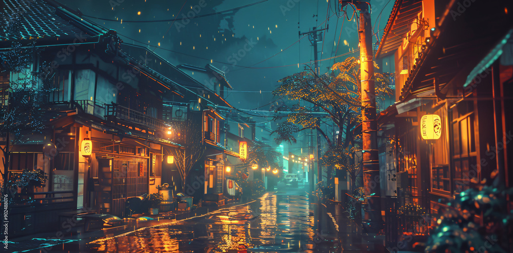 Obraz premium A beautiful evening scene of a Japanese city in Tokyo, depicted in an anime comic art style. Cozy, lo-fi Asian architecture lines the street, creating a charming town atmosphere.