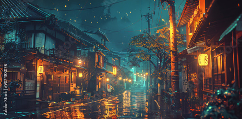 Fototapeta Naklejka Na Ścianę i Meble -  A beautiful evening scene of a Japanese city in Tokyo, depicted in an anime comic art style. Cozy, lo-fi Asian architecture lines the street, creating a charming town atmosphere.