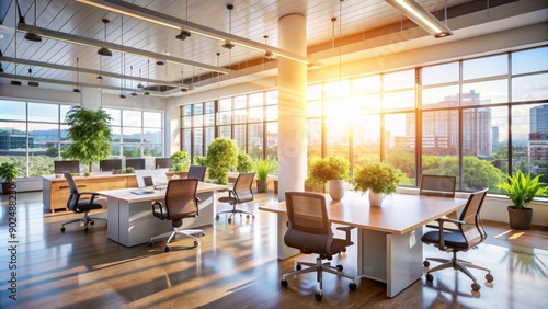 Modern Open-Concept Office Interior with Natural Light and Greenery, Vibrant Urban Skyline in Background