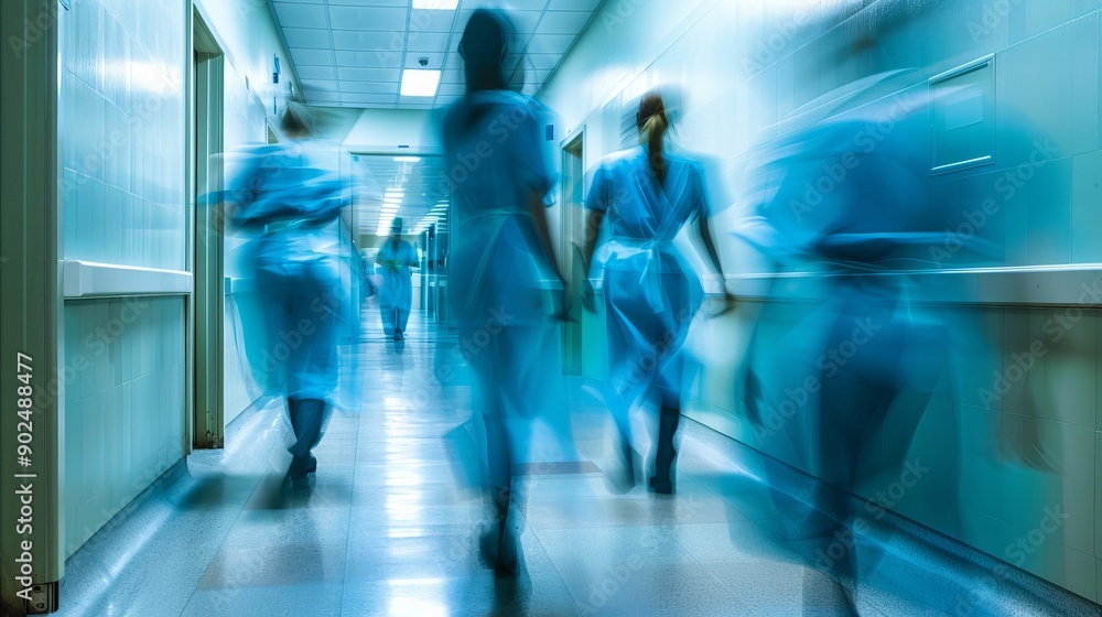 Blurred Motion of Medical Staff in Blue Aprons Walking Through Hospital Corridor - Long Exposure, Healthcare Scene Blurred Motion of Medical Staff in Blue Aprons Walking Through Hospital Corridor - Long Exposure, Healthcare Scene
