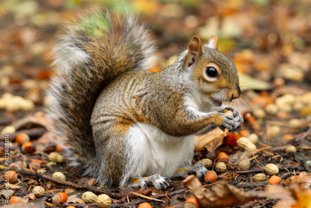 A Grey Squirrel Eating a Peanut in Autumn Leaves A Grey Squirrel Eating a Peanut in Autumn Leaves