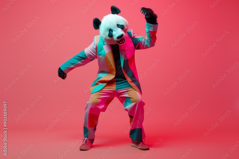 Obraz premium Freak in panda mask dancing, masquerade, absurd carnival, having fun in costume party, weird mask head