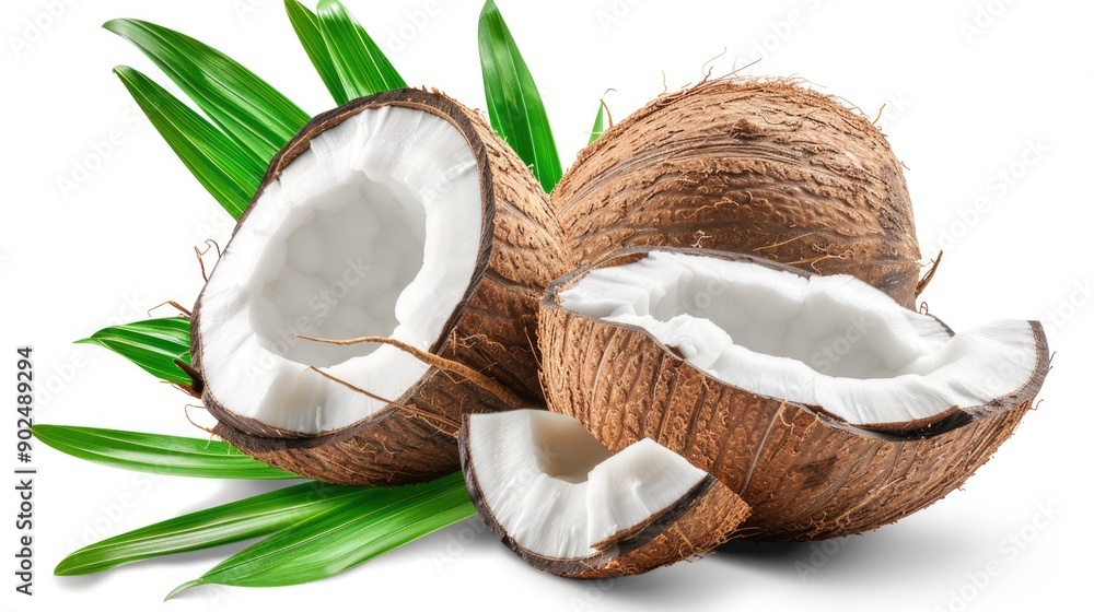 Coconut with half and leaves on white background Coconut with half and leaves on white background