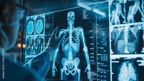 Medical Imaging X-Ray Technology Displaying Skeletal Structure on Digital Computer in Healthcare Setting with Doctor, Nurse, and Technician