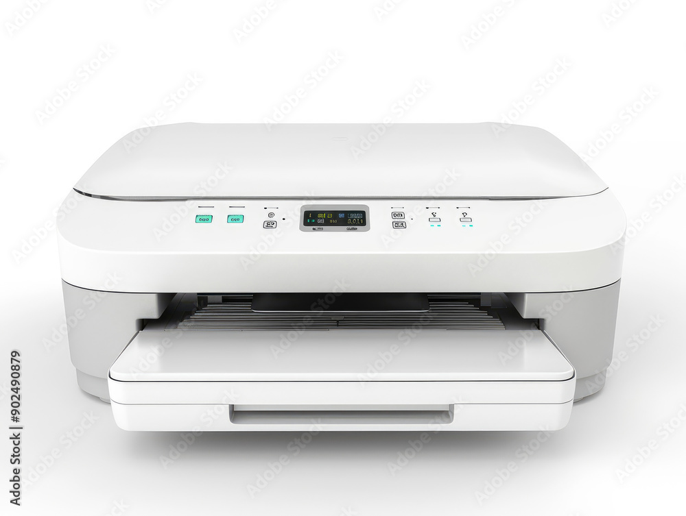 Stylish Desktop Printer, Modern Functionality on White Background Stylish Desktop Printer, Modern Functionality on White Background