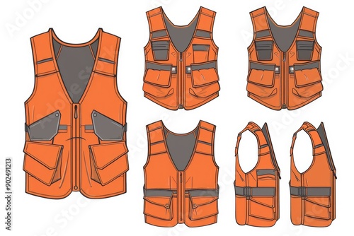 Various orange vests with different pocket designs and functionality