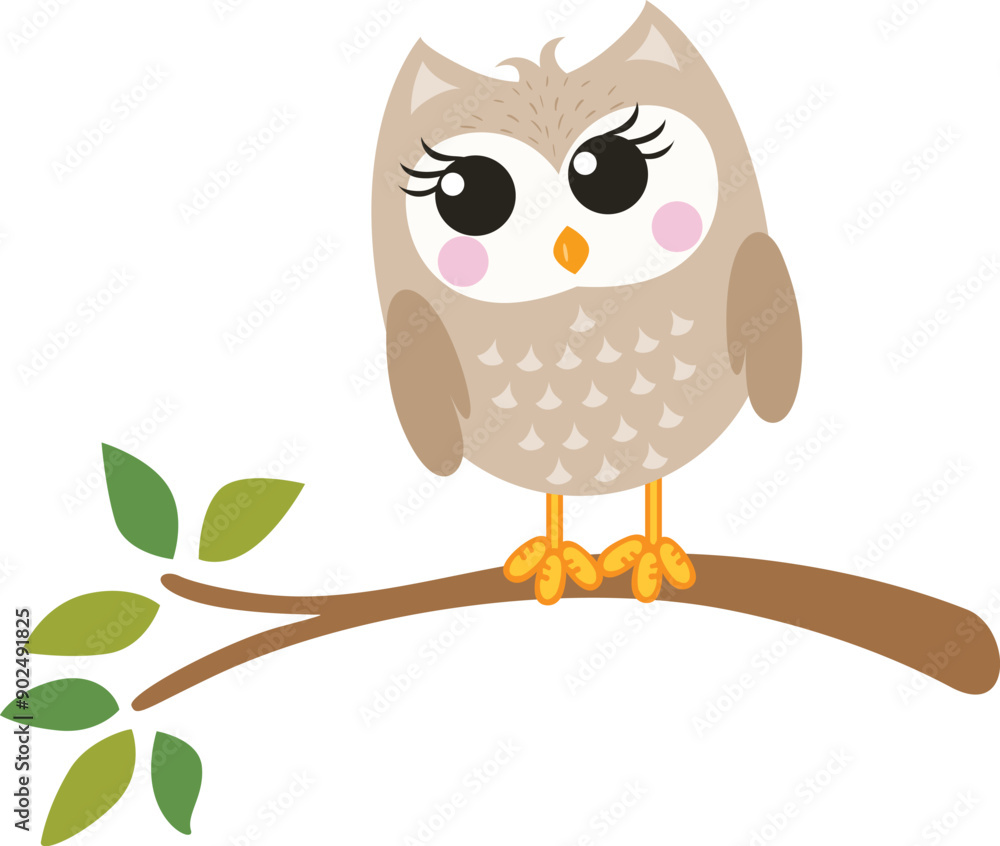 Adorable owl on branch with leaves Adorable owl on branch with leaves