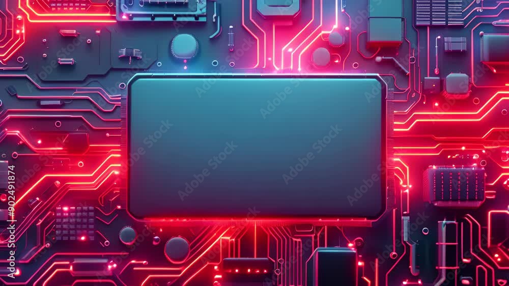 Abstract close-up of electronic circuit board with glowing red lines and microchips, representing advanced technology and innovation. Abstract close-up of electronic circuit board with glowing red lines and microchips, representing advanced technology and innovation.