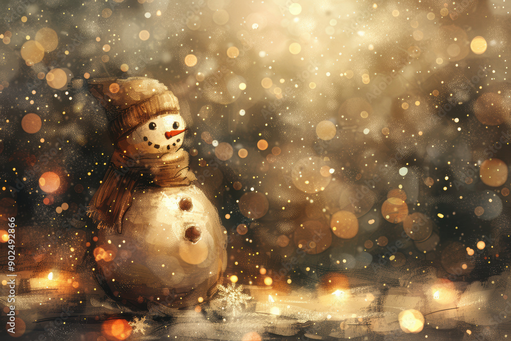 Fototapeta premium Cute Snowman with Scarf and Falling Snow