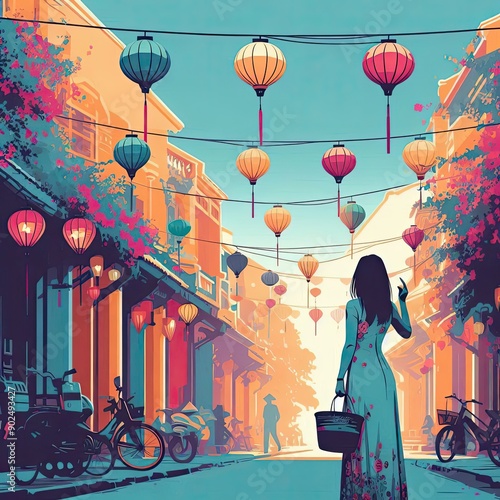 Stroll Under Lanterns in Vietnam Hoi An street with Generative AI.