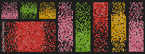 Set of colorful decay backgrounds. Geometric pixel mosaic textures with square particles. Vector illustration