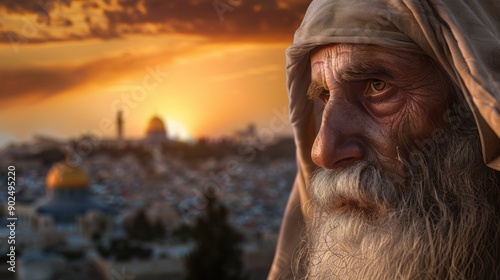 An Elderly Man Gazes Out Over Jerusalem at Sunset