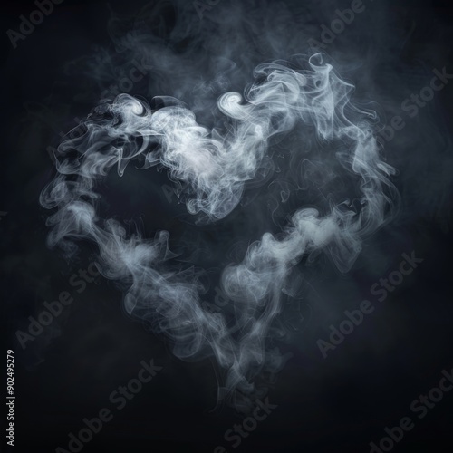 Realistic Smoke Heart on Dark Background, Steam Love Symbol, Cloud Transparent Valentine Silhouette