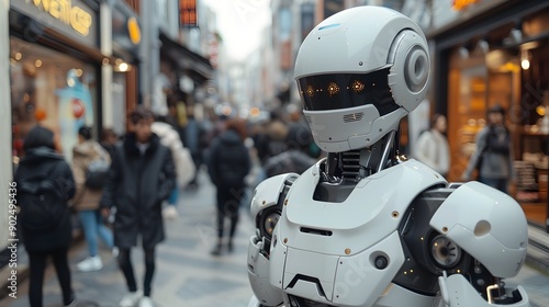 Futuristic Humanoid Robot Interacting with Humans in a Smart City Showcasing Advanced Technology