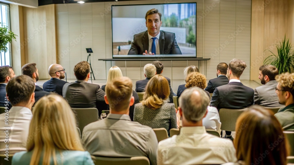 Fototapeta premium Back view of audience in the conference hall or seminar meeting with large media screen showing video presentation of business, workshop, conference, event concept