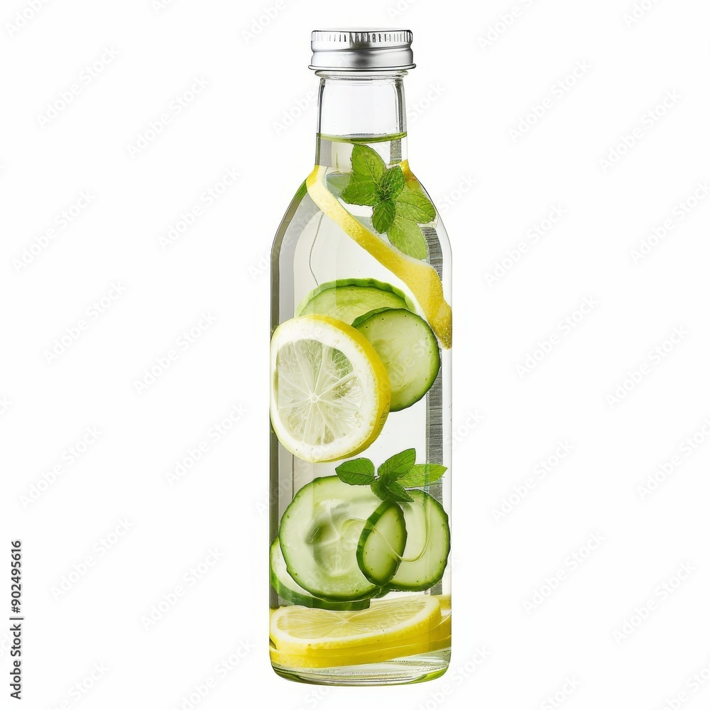 Cucumber water with lemon and mint, infused water, lemon cold drink bottle isolated on white Cucumber water with lemon and mint, infused water, lemon cold drink bottle isolated on white