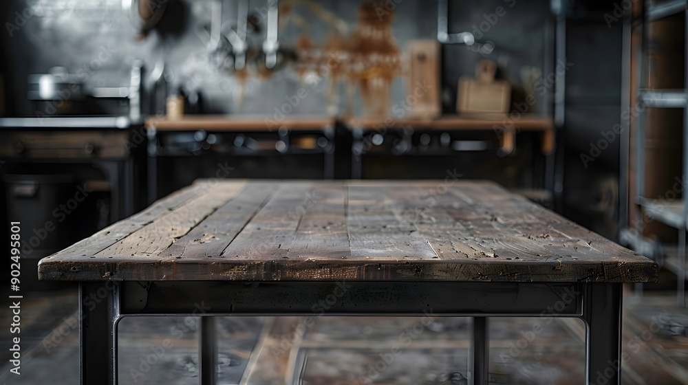 Industrial Style Wooden and Metal Table in Loft Space Ready for Product Showcase Industrial Style Wooden and Metal Table in Loft Space Ready for Product Showcase