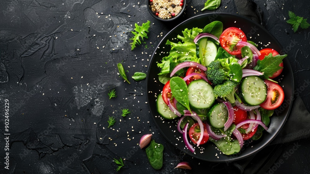 Healthy vegetable salad of fresh tomato, cucumber, onion, spinach, lettuce and sesame on plate. Diet menu. Top view