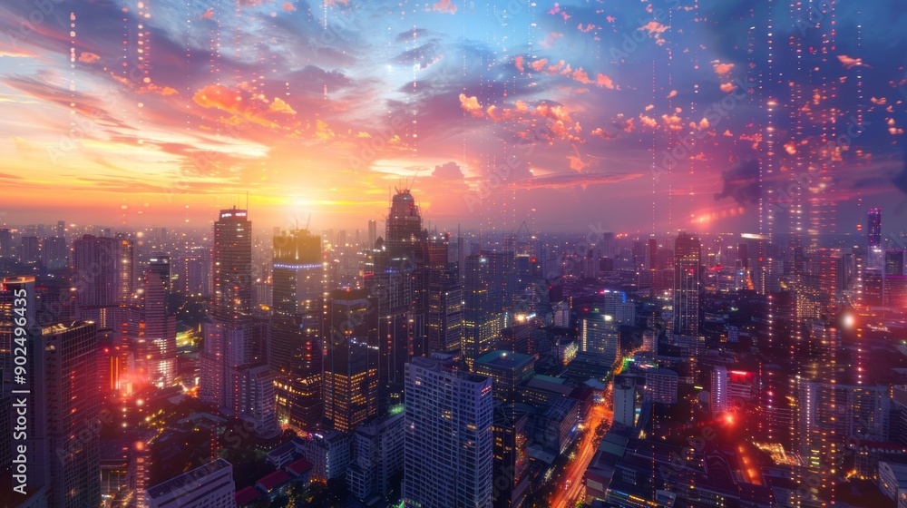 Fototapeta premium aerial view of the city at sunset. the largest in Southeast Asia. Multiple exposures
