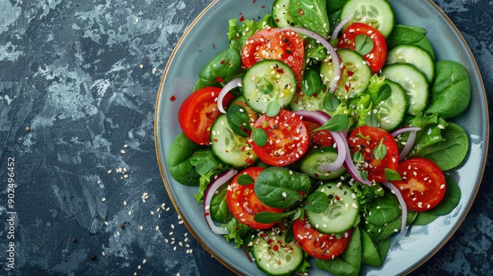 Healthy vegetable salad of fresh tomato, cucumber, onion, spinach, lettuce and sesame on plate. Diet menu. Top view Healthy vegetable salad of fresh tomato, cucumber, onion, spinach, lettuce and sesame on plate. Diet menu. Top view