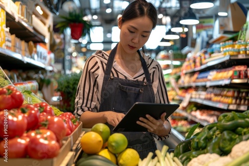 Female shop owner checking inventory lists and managing supplier communications on her tablet in her grocery store, surrounded by organic produce.