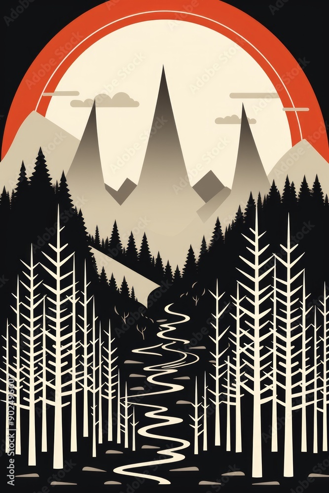 mid century design of stylized mountain with aspen trees. mid century design of stylized mountain with aspen trees.