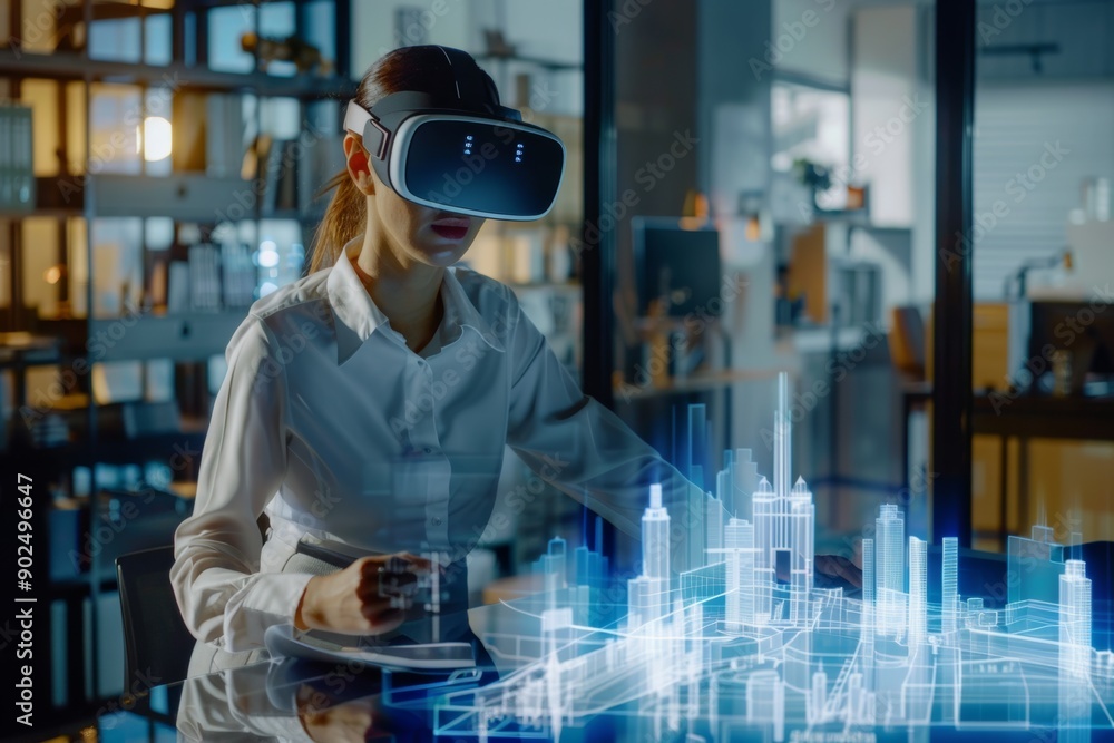 Professional woman wearing VR glasses in a virtual meeting, discussing a megapolis project with a real estate developer, interactive city blueprint visible in augmented reality, high-tech office. Professional woman wearing VR glasses in a virtual meeting, discussing a megapolis project with a real estate developer, interactive city blueprint visible in augmented reality, high-tech office.