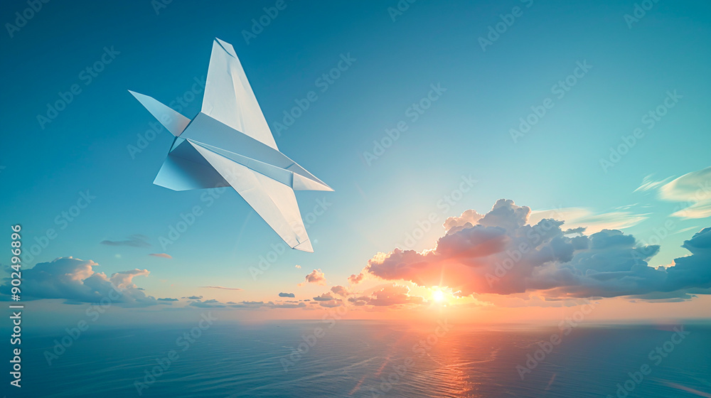Fototapeta premium Freedom in the Sky - Paper Airplane Soaring Against Vibrant Blue Sky Background