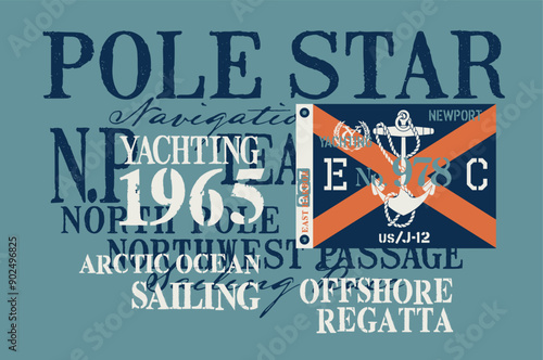 Arctic Ocean North Pole sailing race team vintage vector print for marine kid boy wear shirt with nautical flag embroidery patch applique
