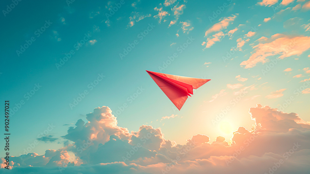 Freedom in the Skies: Paper Airplane Soaring against Clear Blue Sky Freedom in the Skies: Paper Airplane Soaring against Clear Blue Sky