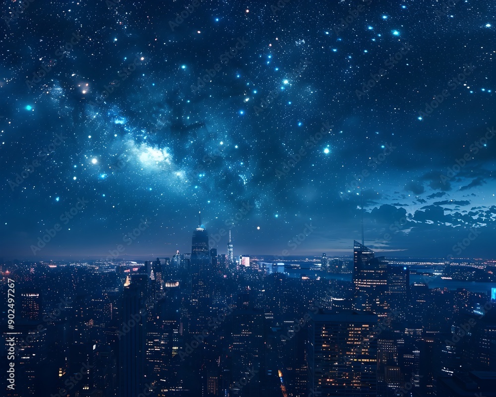 Fototapeta premium Dazzling Metropolis Under a Starry Night Sky Majestic City Skyline at Twilight