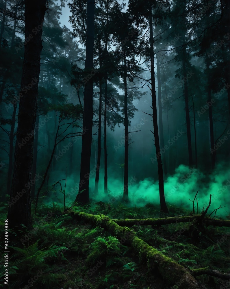 Fototapeta premium green mist in forest night backgroundvertical background vertical shot