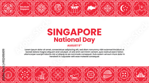 Art & Illustration Festive Singapore National Day Celebration Banner with Traditional Motifs and Cultural Symbols