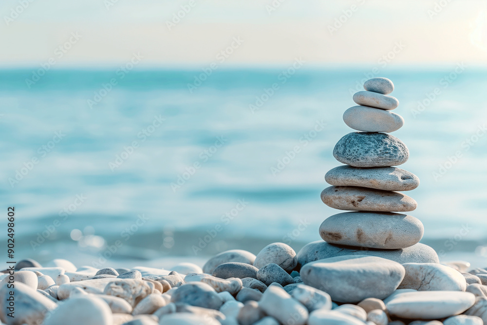 Pile of pebbles on a beach, panoramic blue water background, balanced stack color of stones Pile of pebbles on a beach, panoramic blue water background, balanced stack color of stones