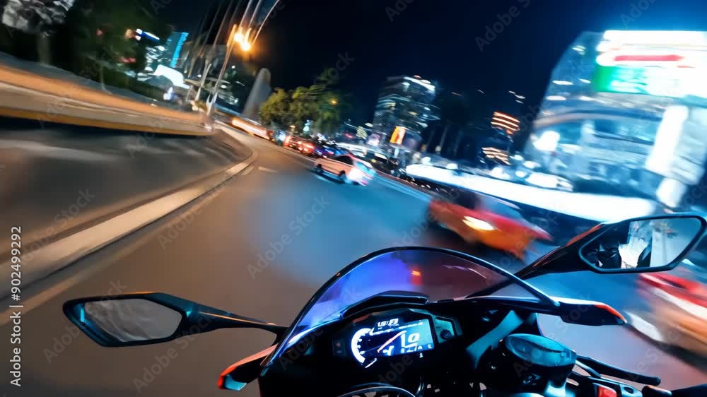 Motorcyclist rides bike through the city at night. Motorcycle point of view. Motorbike rider rides through the urban street. Evening lighting. Fast speed motorbiker pov feel freedom. Motorcyclist rides bike through the city at night. Motorcycle point of view. Motorbike rider rides through the urban street. Evening lighting. Fast speed motorbiker pov feel freedom.