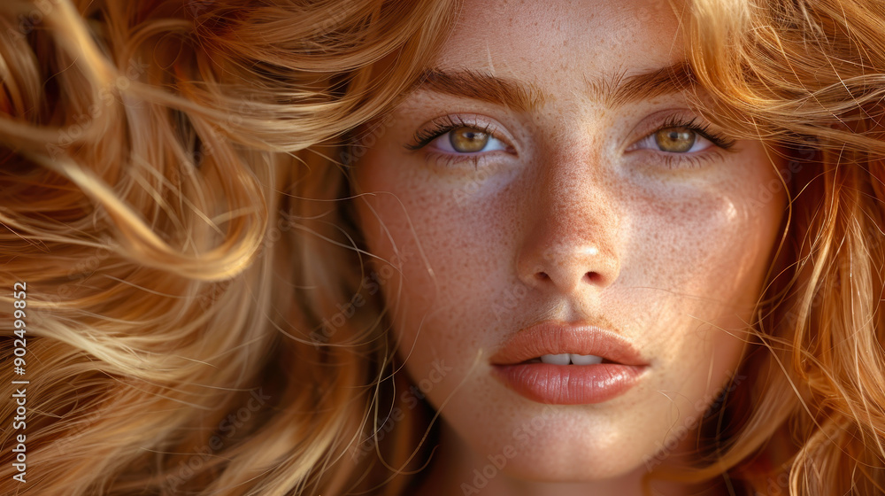 Naklejka premium Portrait of Woman with Healthy Freckled Skin and Lush Flowing Blonde Hair, Close-up of Natural Beauty and Confident Expression in Soft Daylight, Ideal for Skincare and Haircare Advertising.