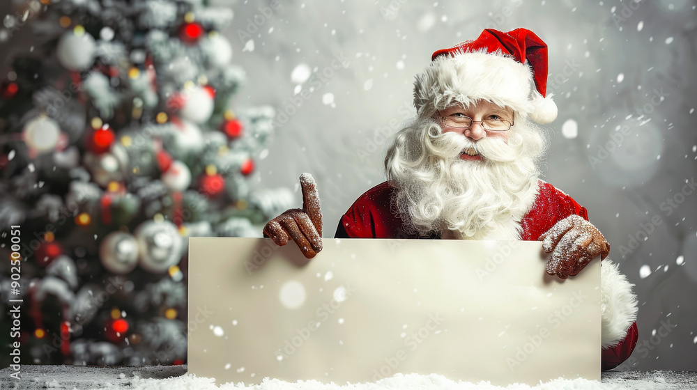 Jolly Santa Claus Pointing to Blank Banner with Christmas Tree Background, Snowy Setting, and Festive Mood, Holiday Advertisement Concept Jolly Santa Claus Pointing to Blank Banner with Christmas Tree Background, Snowy Setting, and Festive Mood, Holiday Advertisement Concept