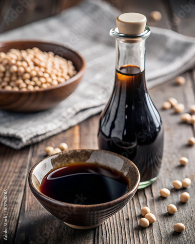 Dark soy sauce in glass botle on the table with soybeans, asian