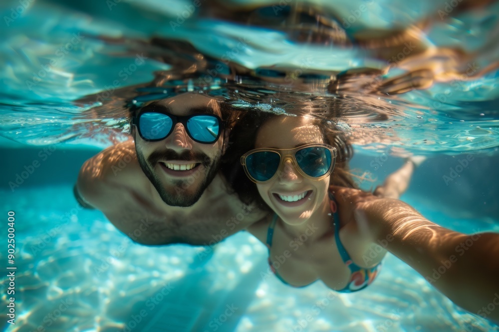 Naklejka premium A joyful couple swimming together in a luxury hotel pool, with underwater lighting creating a magical atmosphere, perfect for honeymoon memories.