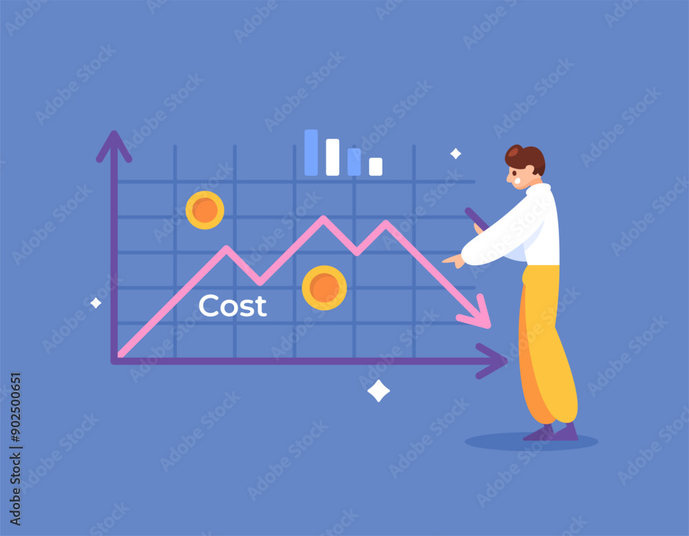 Obraz premium cost reduction and budget concept. business costs are getting smaller or decreasing. illustration of entrepreneur trying to reduce business operating costs. flat style design. graphic elements