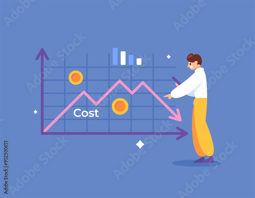 cost reduction and budget concept. business costs are getting smaller or decreasing. illustration of entrepreneur trying to reduce business operating costs. flat style design. graphic elements