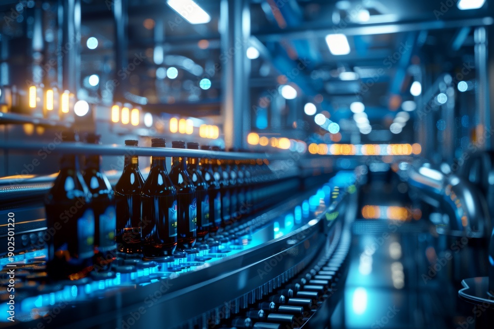 Juice bottles on a conveyor belt in a modern beverage factory, with blue-toned machinery and lighting creating a sleek industrial atmosphere. Juice bottles on a conveyor belt in a modern beverage factory, with blue-toned machinery and lighting creating a sleek industrial atmosphere.
