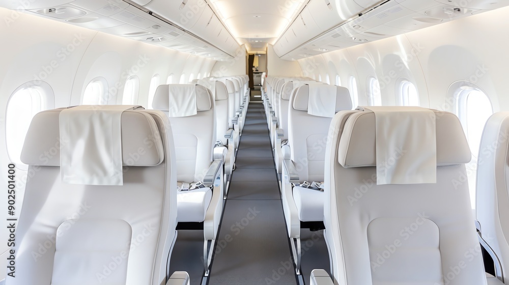 Fototapeta premium A spacious and modern interior of an airplane cabin showcasing empty seats and a bright atmosphere.